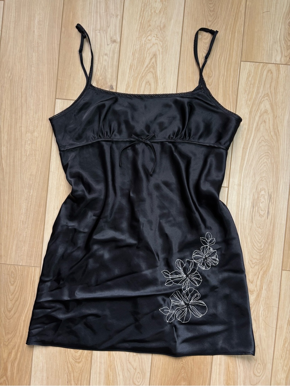 Black satin slip dress with floral embroidery and bow details coquette feminine